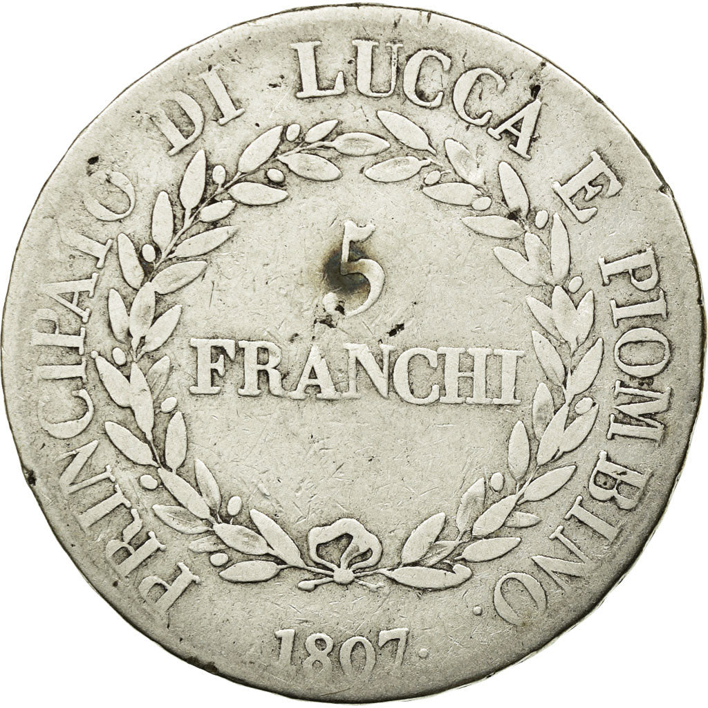 Munten, Italiaanse staten, LUCCA, Felix and Elisa, 5 Franchi, 1807, Firenze