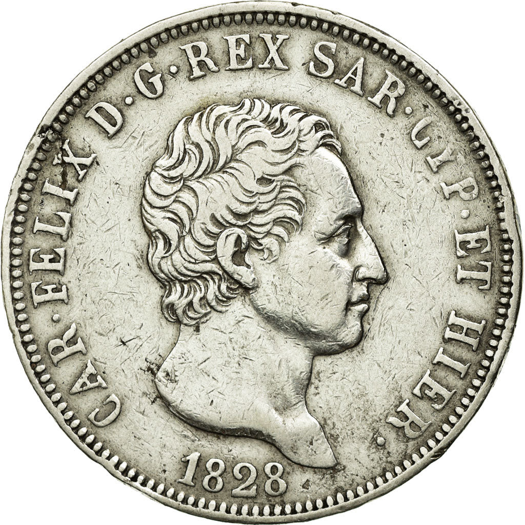 Moeda, ESTADOS ITALIANOS, SARDINIA, Carlo Felice, 5 Lire, 1828, Torino