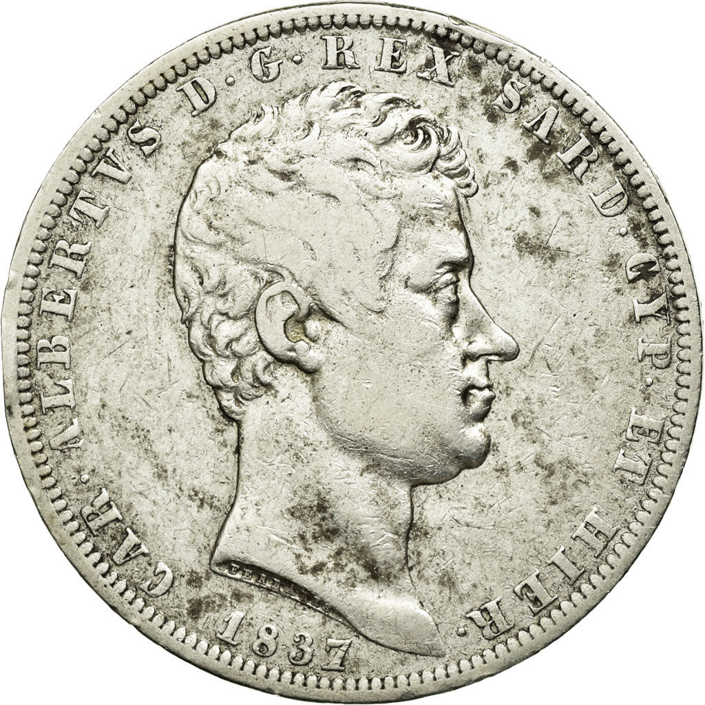 Coin, ITALIAN STATES, SARDINIA, Carlo Alberto, 5 Lire, 1837, Genoa, VF(30-35)