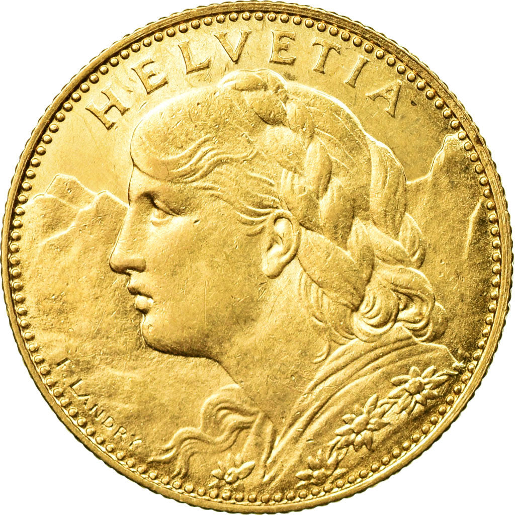 Coin, Switzerland, 10 Francs, 1915, Bern, AU(55-58), Gold, KM:36
