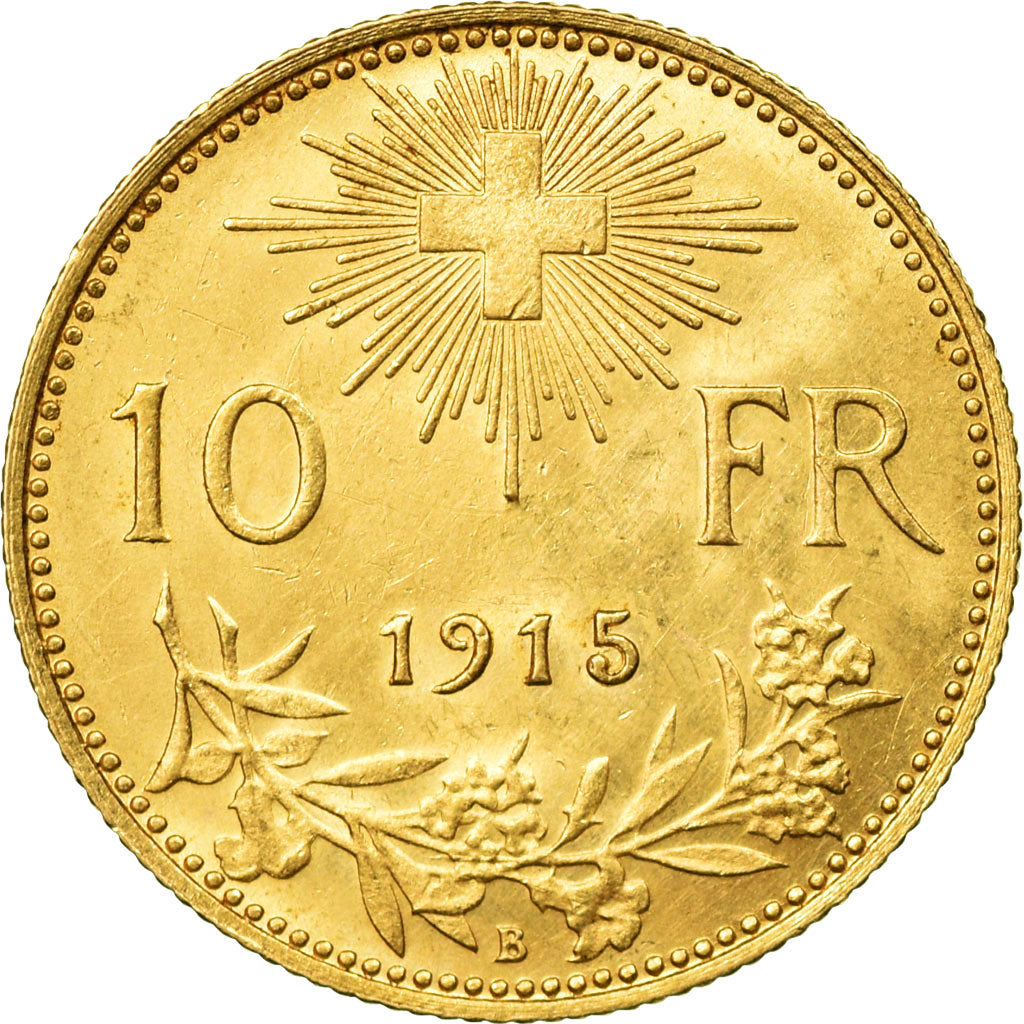 Coin, Switzerland, 10 Francs, 1915, Bern, AU(55-58), Gold, KM:36