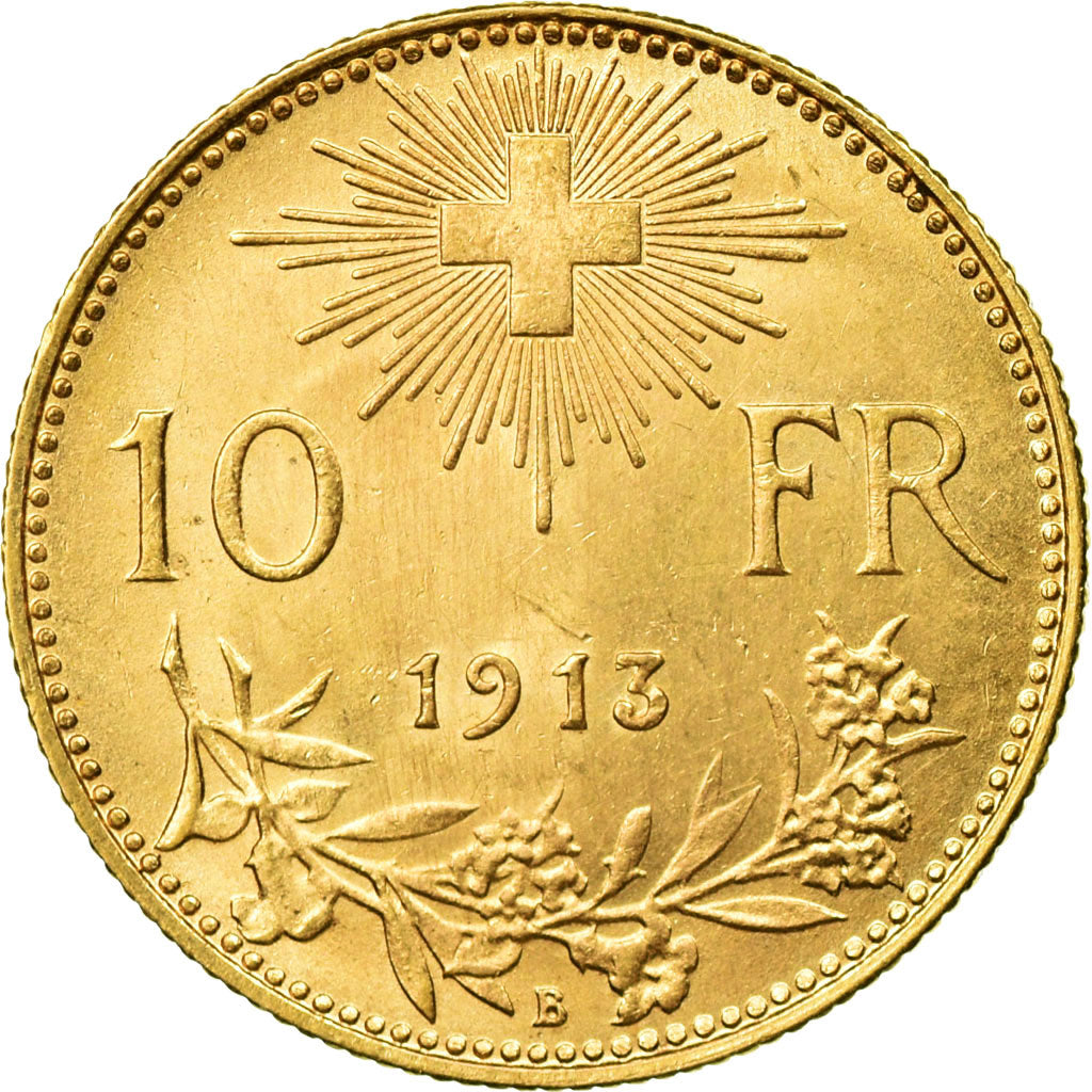 Coin, Switzerland, 10 Francs, 1913, Bern, MS(60-62), Gold, KM:36