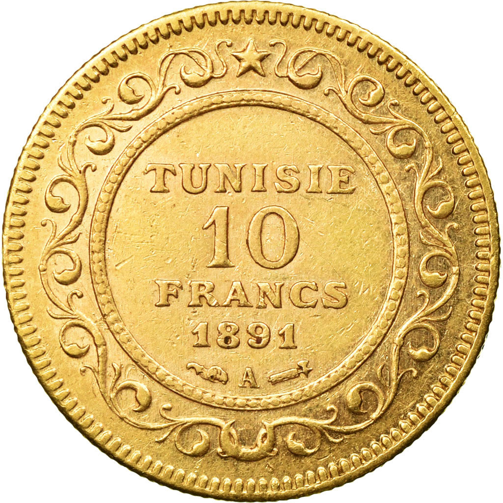 Coin, Tunisia, Ali Bey, 10 Francs, 1891, Paris, EF(40-45), Gold, KM:226