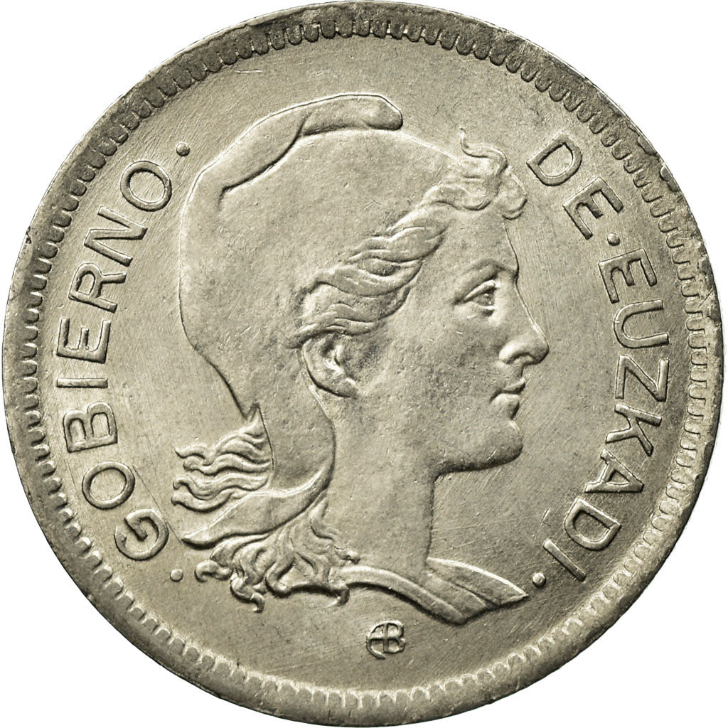 Coin, SPAIN CIVIL WAR, EUZKADI, Peseta, 1937, Brussels, AU(55-58), Nickel, KM:1