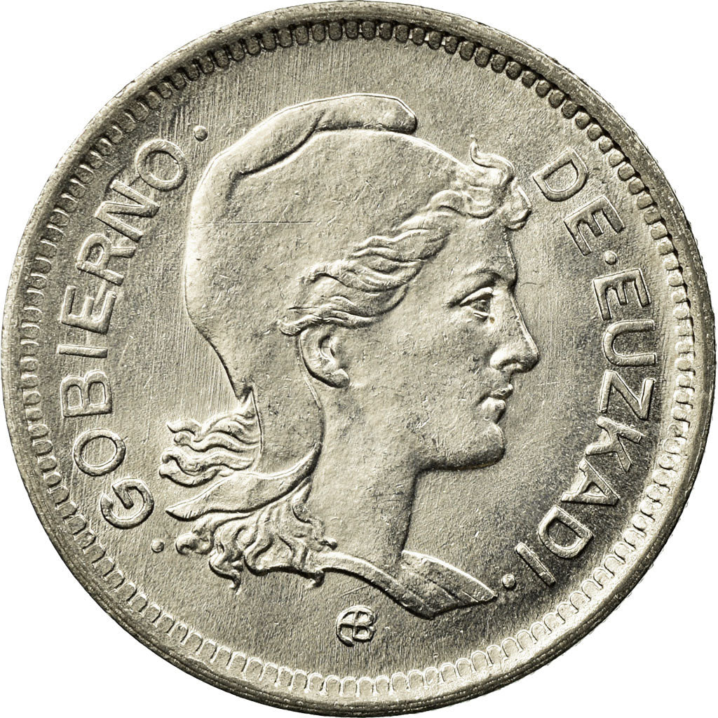Munten, SPAANSE BURGEROORLOG, EUZKADI, Peseta, 1937, Brussels, UNC-, Nickel