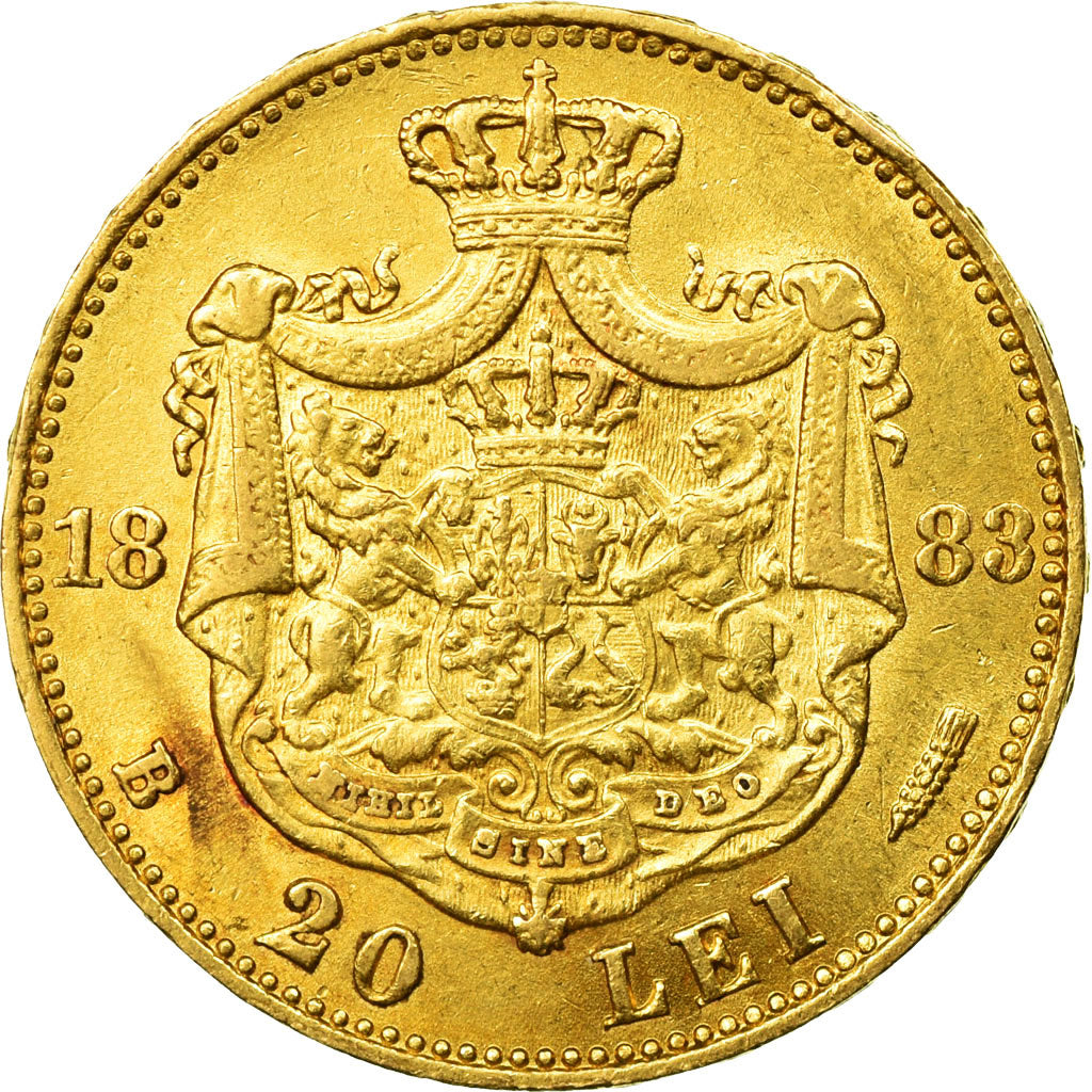 Romania, Carol I, 20 Lei, 1883, AU(55-58), Gold, KM:20