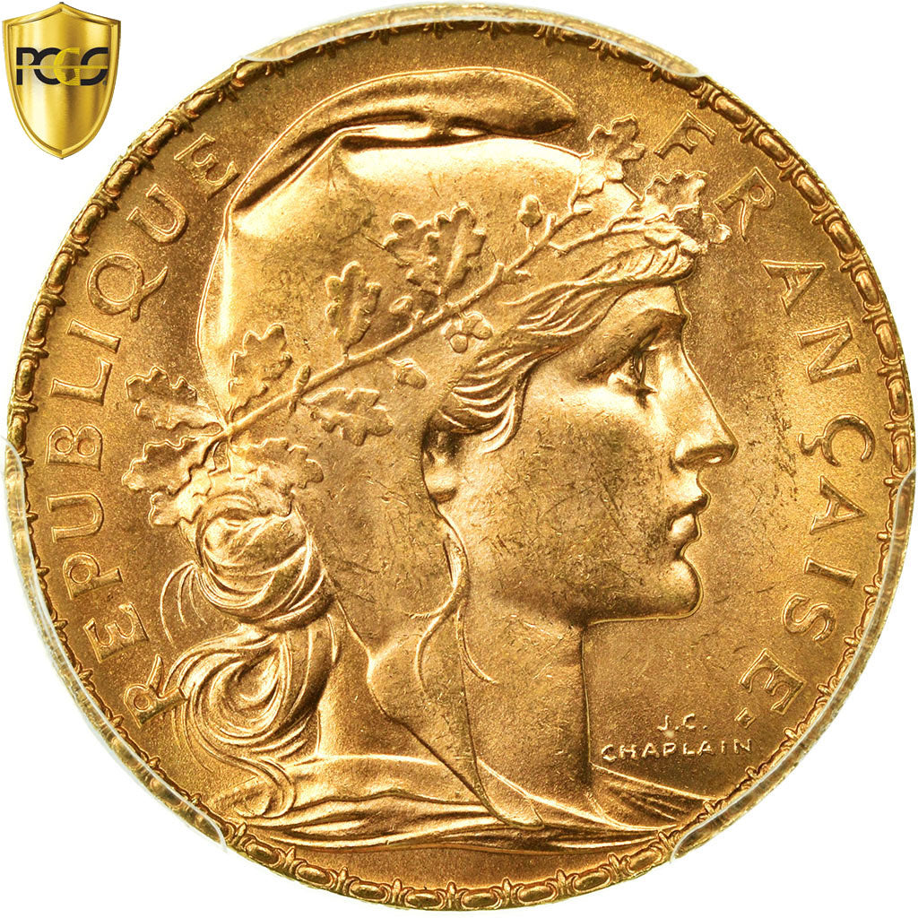 Coin, France, Marianne, 20 Francs, 1908, PCGS, MS65, Gold, KM:857, graded