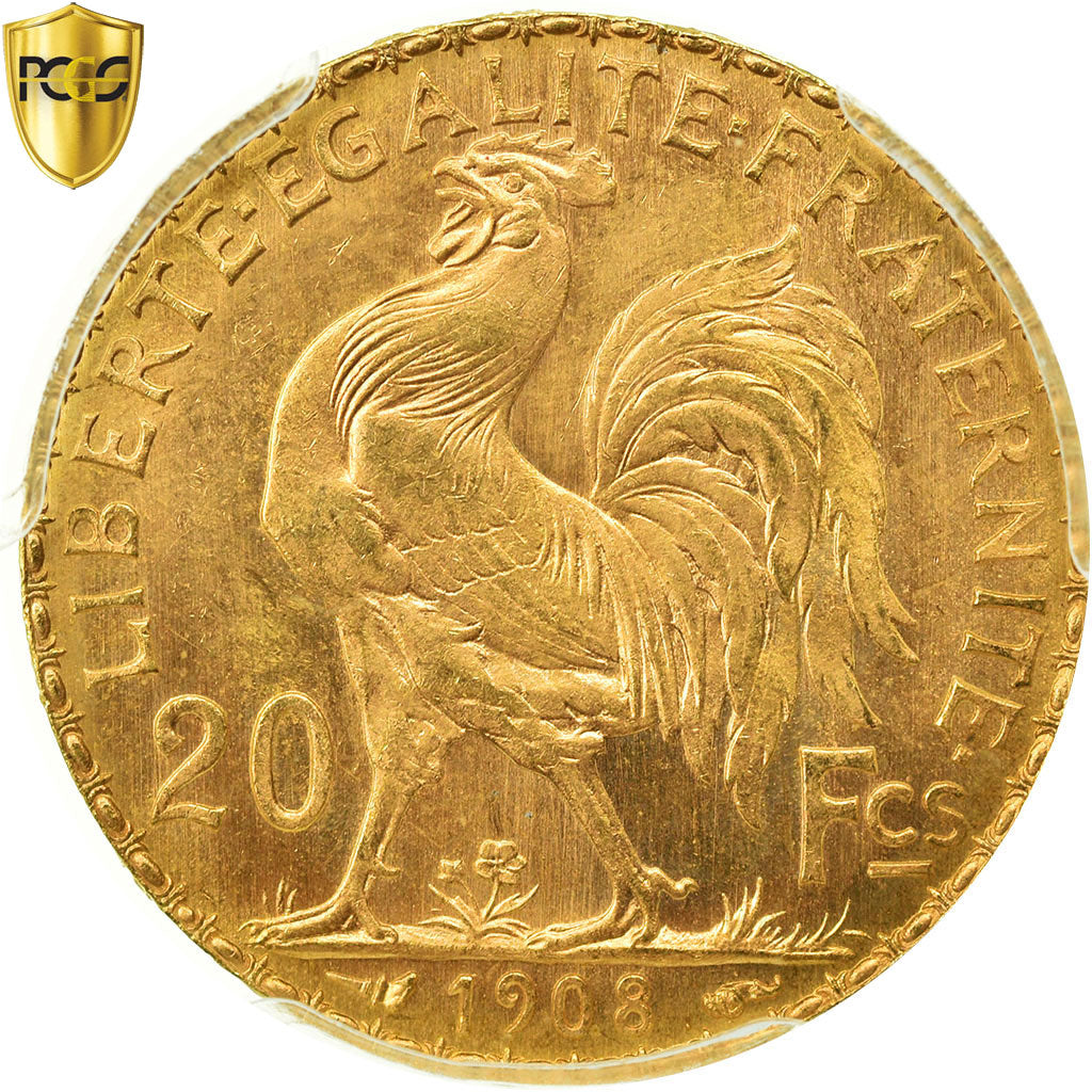 Coin, France, Marianne, 20 Francs, 1908, PCGS, MS65, Gold, KM:857, graded