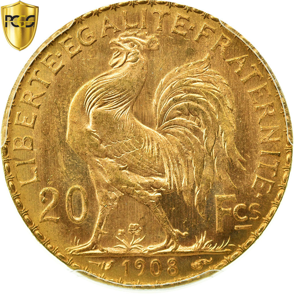 Coin, France, Marianne, 20 Francs, 1908, PCGS, MS65, Gold, KM:857, graded