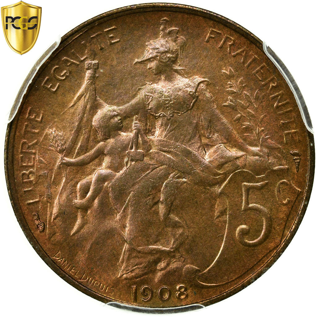 Coin, France, Dupuis, 5 Centimes, 1908, Paris, PCGS, MS65RB, Bronze, KM:842