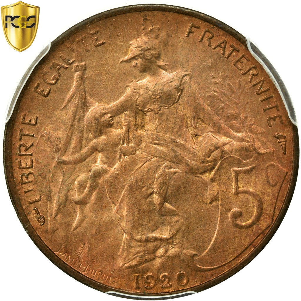 Moneda, Francia, Dupuis, 5 Centimes, 1920, Paris, PCGS, MS64+RB, Bronce, KM:842