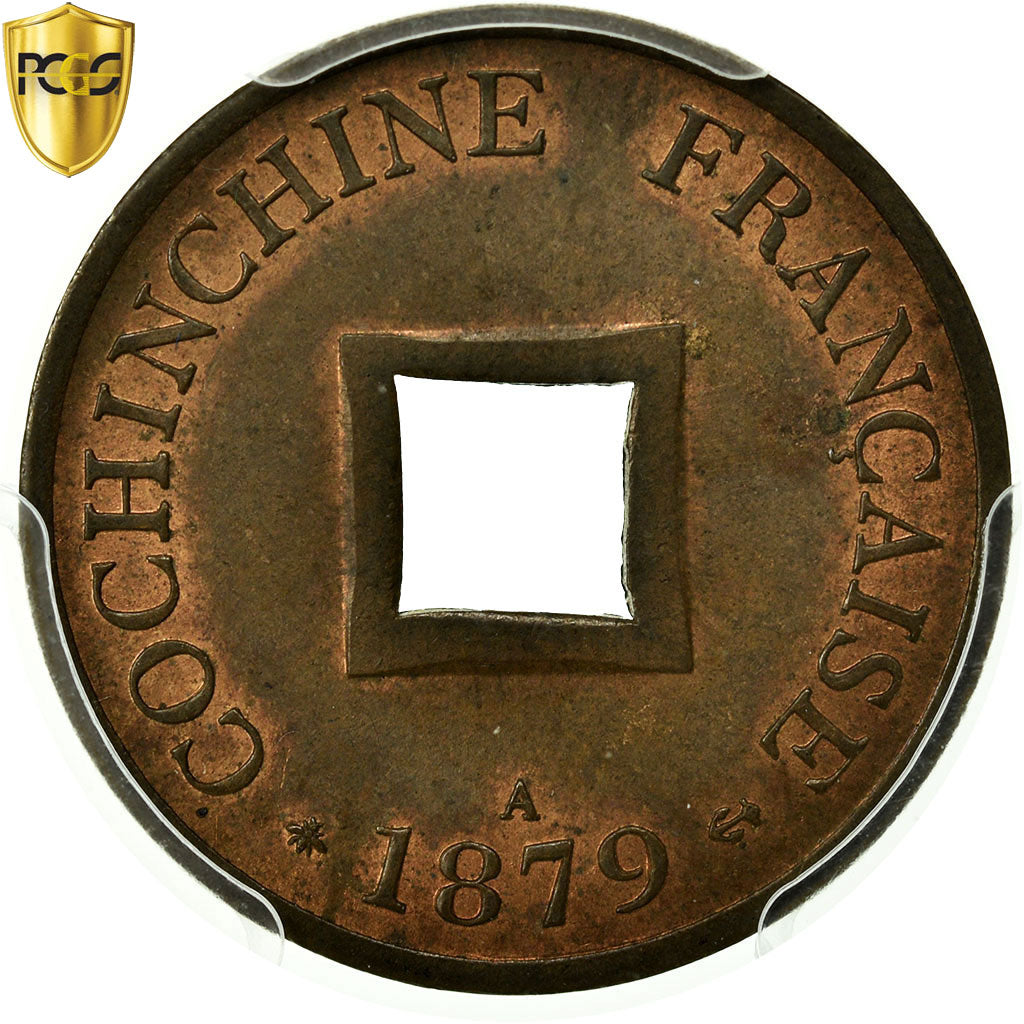 Moneda, COCHINCHINA FRANCESA, 2 Sapeque, 1879, Paris, PCGS, MS63BN, Bronce