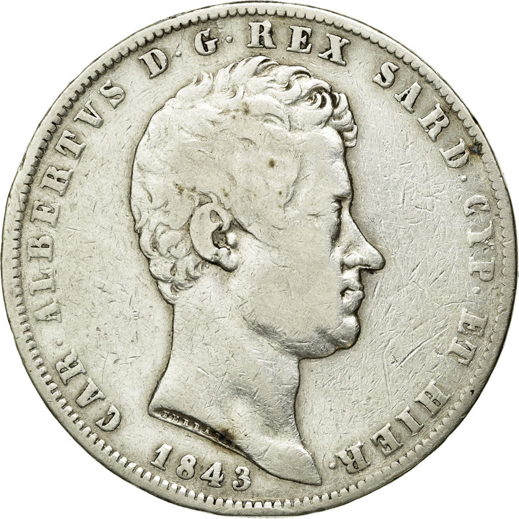 Coin, ITALIAN STATES, SARDINIA, Carlo Alberto, 5 Lire, 1843, Genoa, VF(30-35)