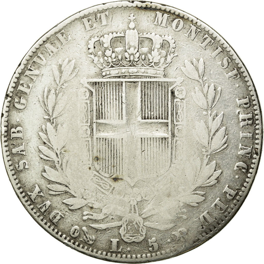 Moneda, Estados italianos, SARDINIA, Carlo Alberto, 5 Lire, 1844, Genoa, BC+