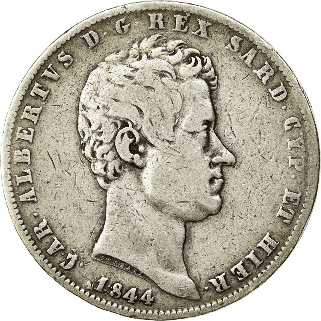Moneta, STATI ITALIANI, SARDINIA, Carlo Alberto, 5 Lire, 1844, Torino, MB+