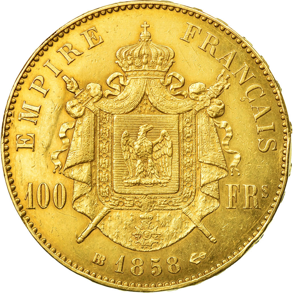 France, Napoleon III, 100 Francs, 1858, Strasbourg, EF(40-45), Gold, KM 786.2