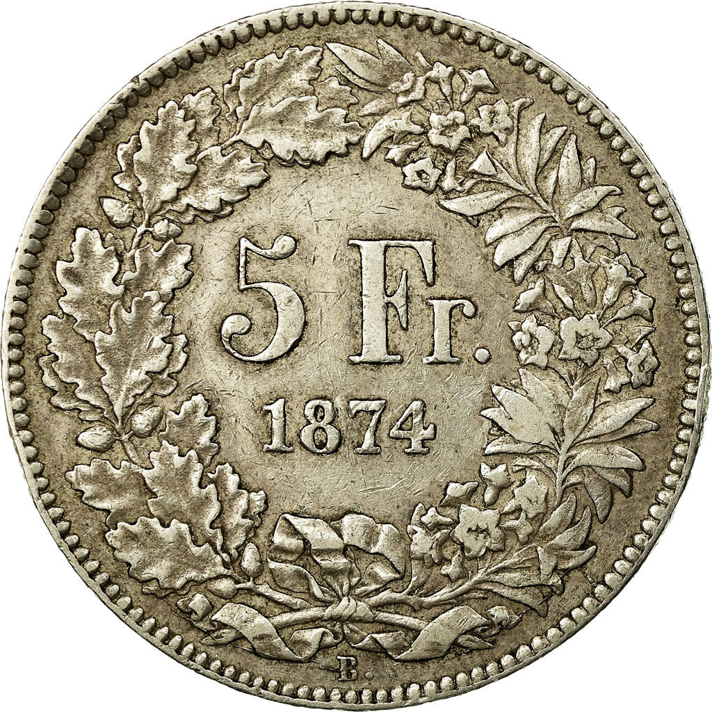 Coin, Switzerland, 5 Francs, 1874, Brussels, EF(40-45), Silver, KM:11