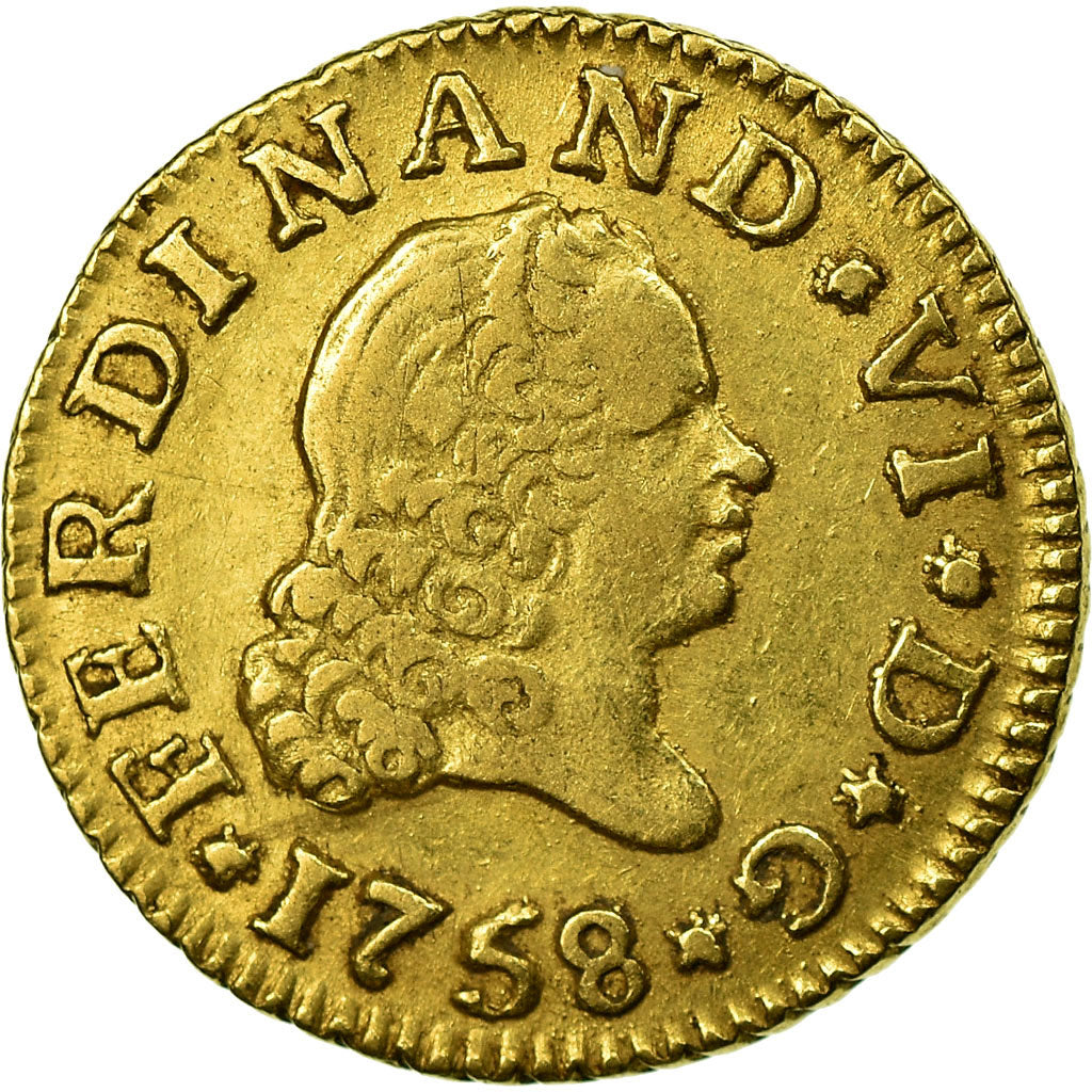 Coin, Spain, Ferdinand VI, 1/2 Escudo, 1758, Segovia, EF(40-45), Gold, KM:374
