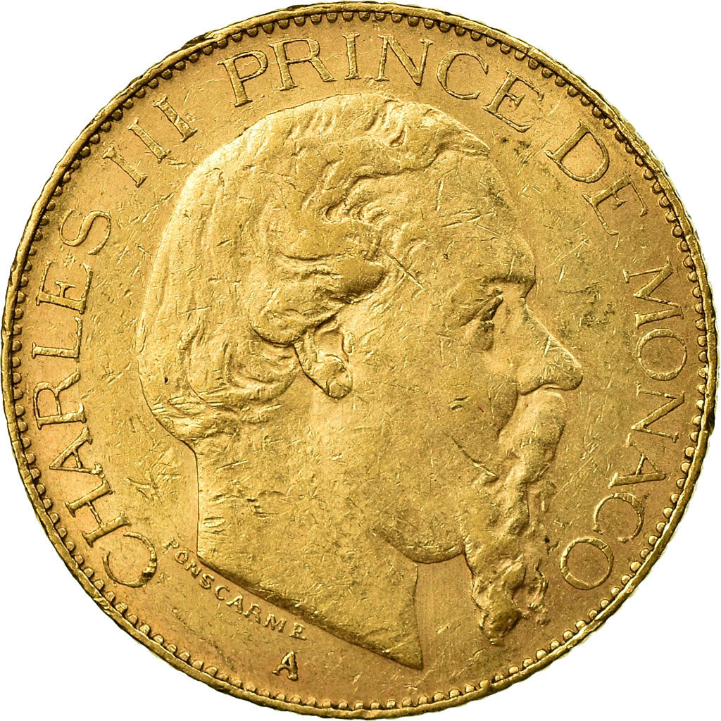 Moneta, Monaco, Charles III, 20 Francs, Vingt, 1879, Paris, MB+, Oro, KM:98