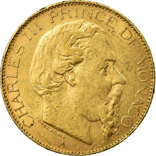 Moneta, Monaco, Charles III, 20 Francs, Vingt, 1879, Paris, MB+, Oro, KM:98