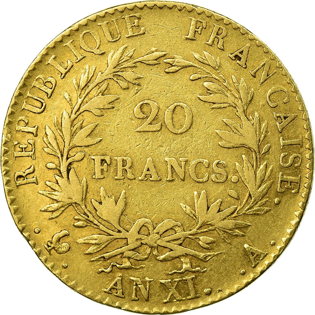 Moneda, Francia, Napoléon I, 20 Francs, An XI, Paris, BC+, Oro, KM:651