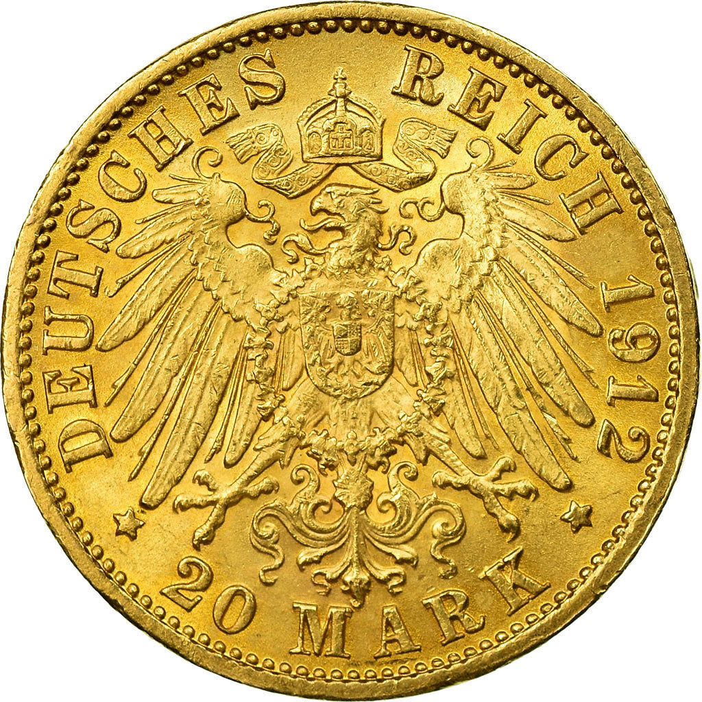 Coin, German States, BADEN, Friedrich II, 20 Mark, 1912, Stuttgart, AU(50-53)