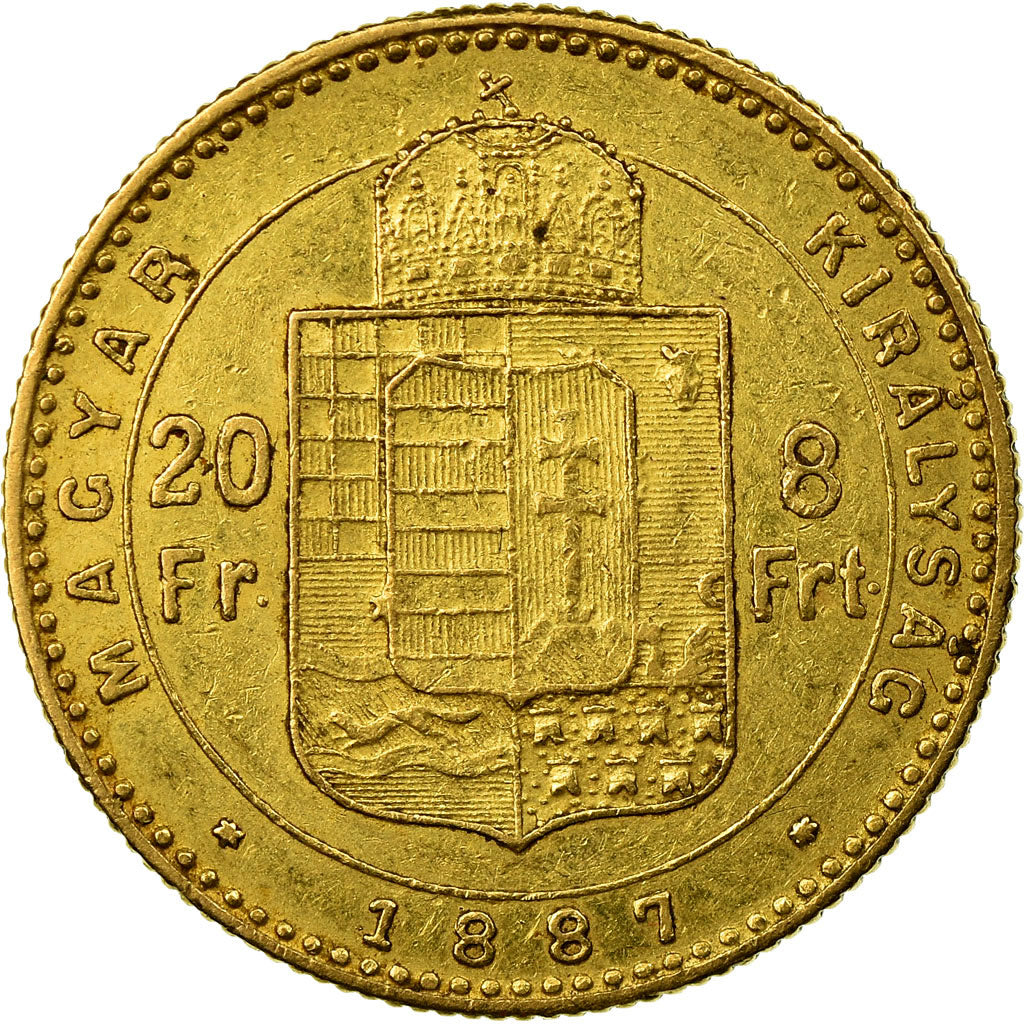 Hungary,Franz Joseph I,8 Forint 20 Francs,1887,Kormoczbanya,EF(40-45),Gold,KM467