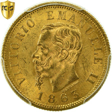 Moneda, Italia, Vittorio Emanuele II, 10 Lire, 1863, Torino, PCGS, MS63+, Oro