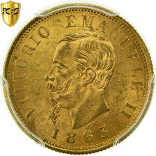Moneta, Italia, Vittorio Emanuele II, 10 Lire, 1863, Torino, PCGS, MS63+, Oro