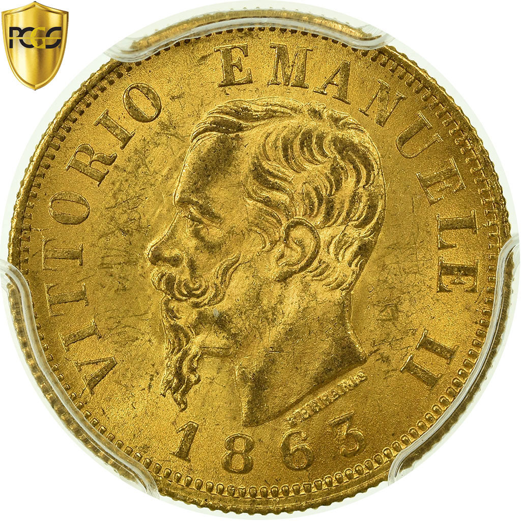 Moneta, Italia, Vittorio Emanuele II, 10 Lire, 1863, Torino, PCGS, MS63+, Oro