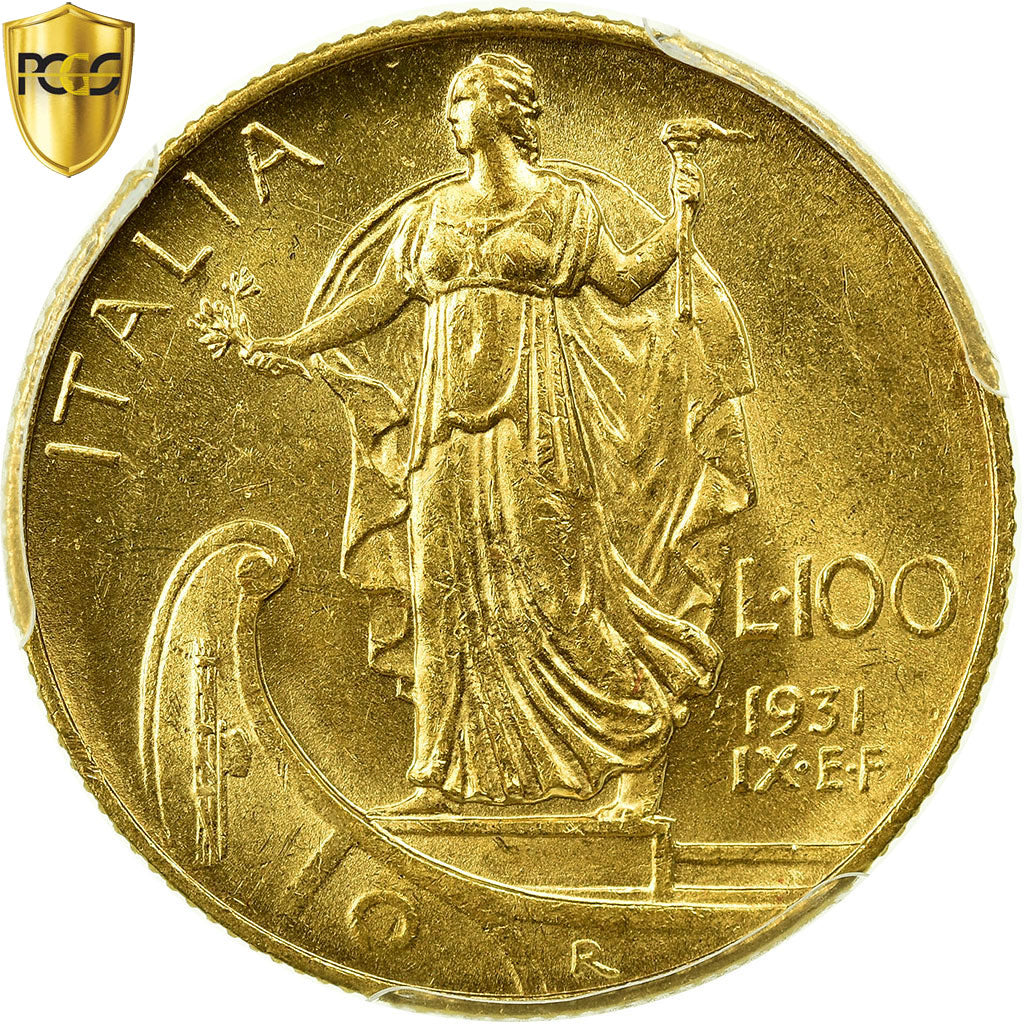 Coin, Italy, Vittorio Emanuele III, 100 Lire, 1931, Rome, PCGS, MS62, Gold