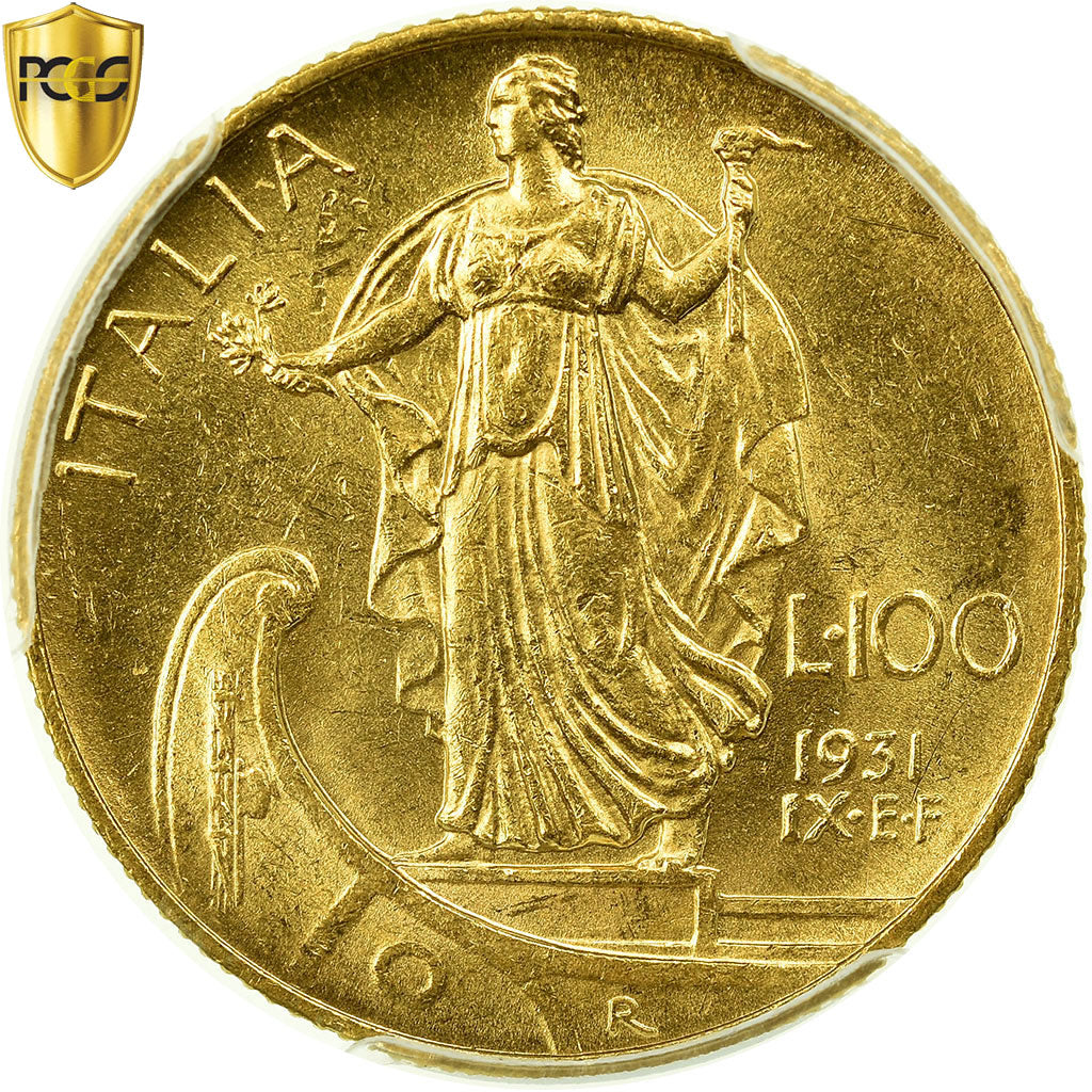 Coin, Italy, Vittorio Emanuele III, 100 Lire, 1931, Rome, PCGS, MS63, Gold