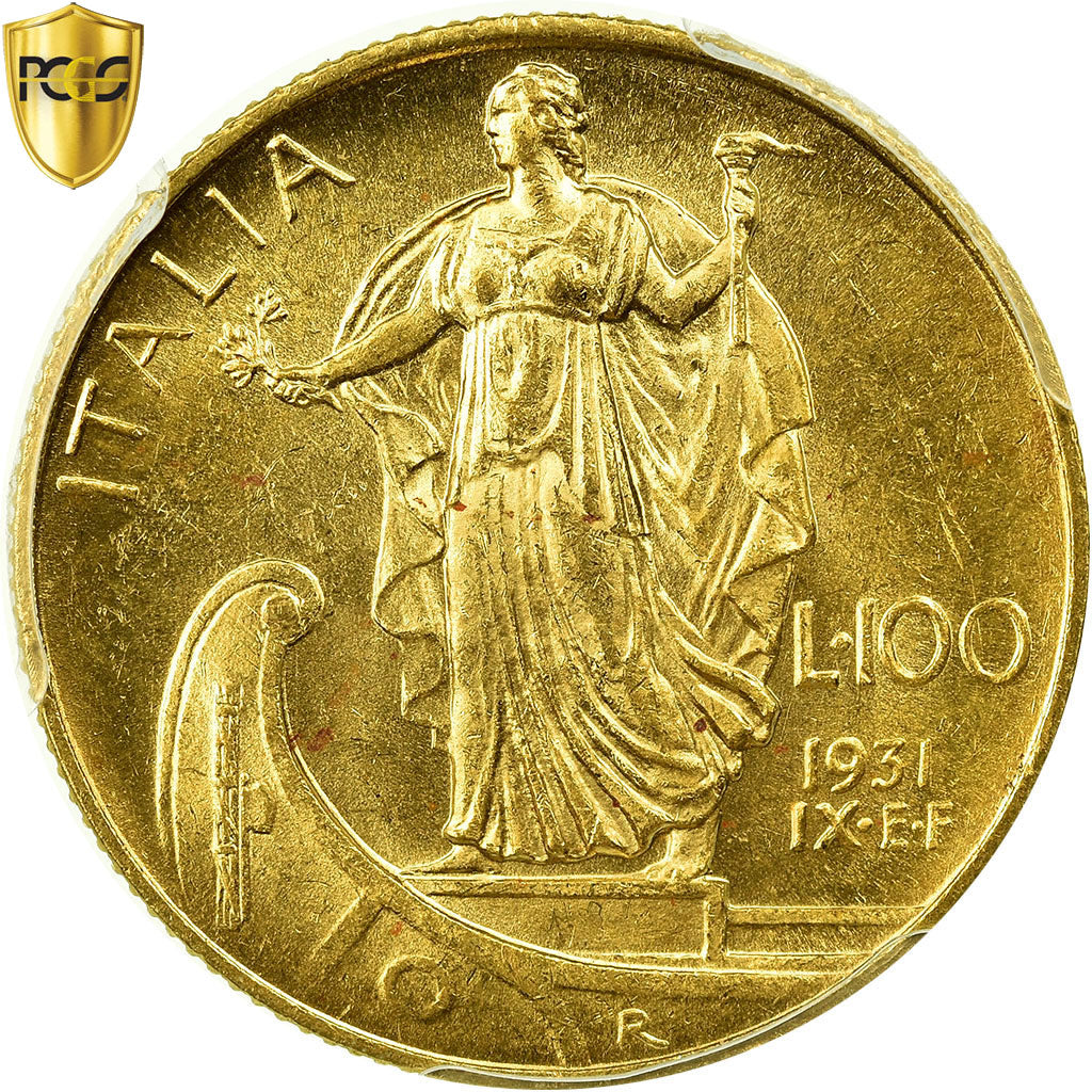 Coin, Italy, Vittorio Emanuele III, 100 Lire, 1931, Rome, PCGS, MS63, Gold