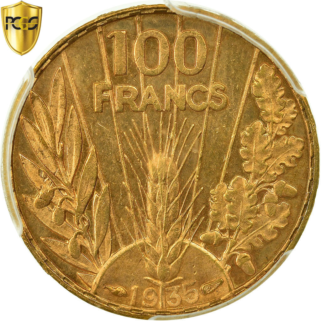 Coin, France, Bazor, 100 Francs, 1935, Paris, PCGS, MS62, Gold, KM:880, graded