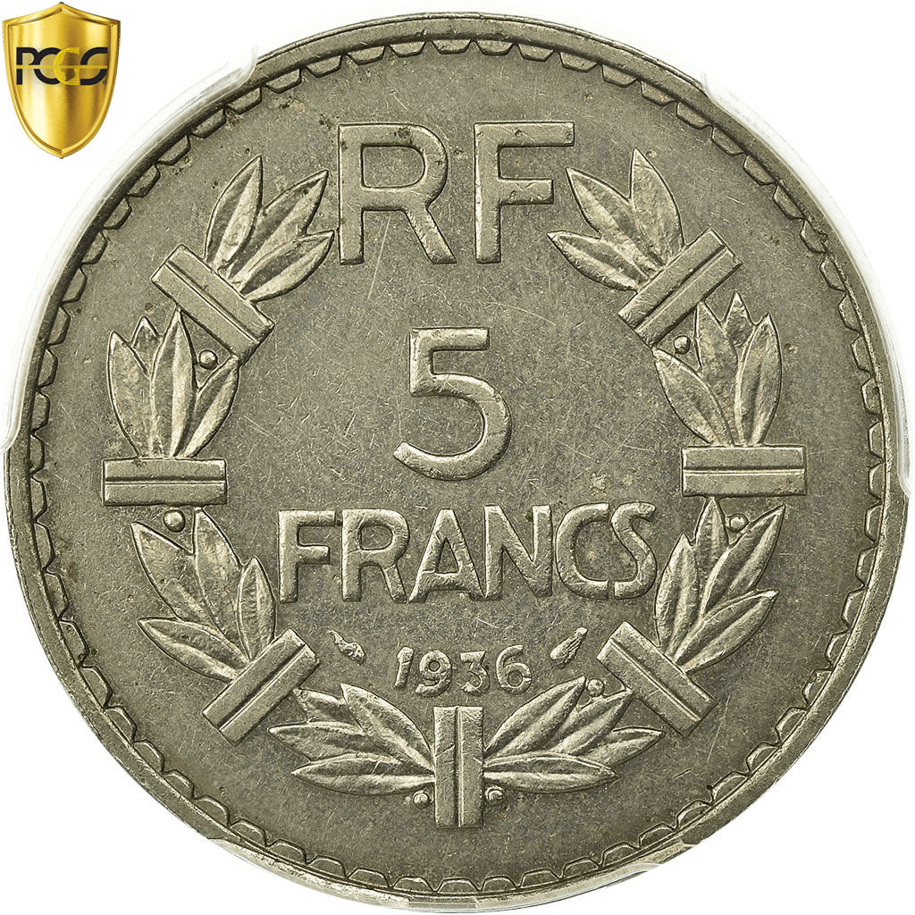 Moneta, Francia, Lavrillier, 5 Francs, 1936, Paris, PCGS, AU58, Nichel, KM:888