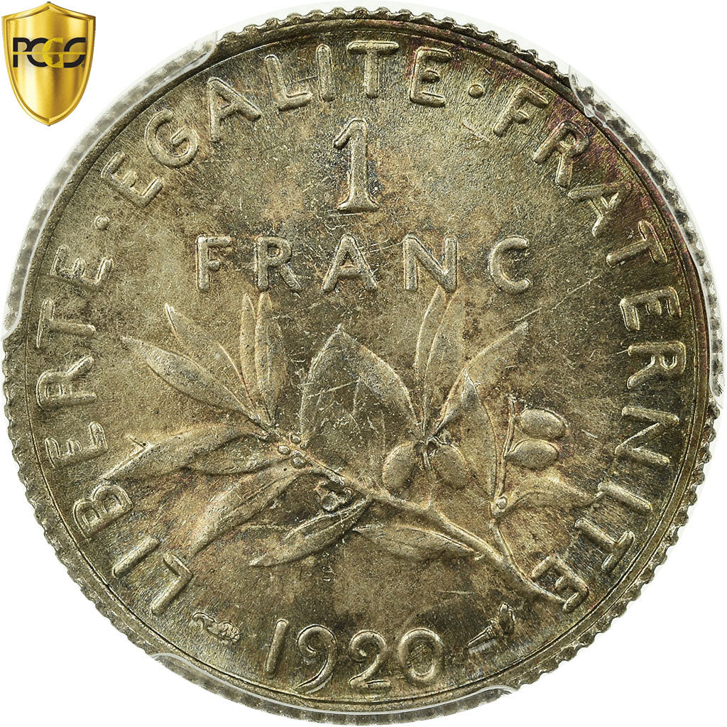 Coin, France, Semeuse, Franc, 1920, Paris, PCGS, MS65, Silver, KM:844.1, graded