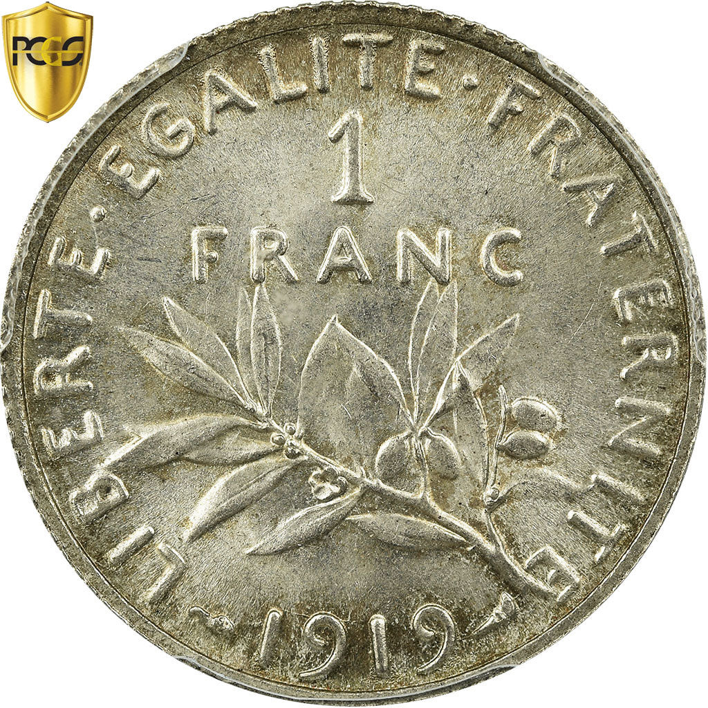 Coin, France, Semeuse, Franc, 1919, Paris, PCGS, MS65, Silver, KM:844.1, graded