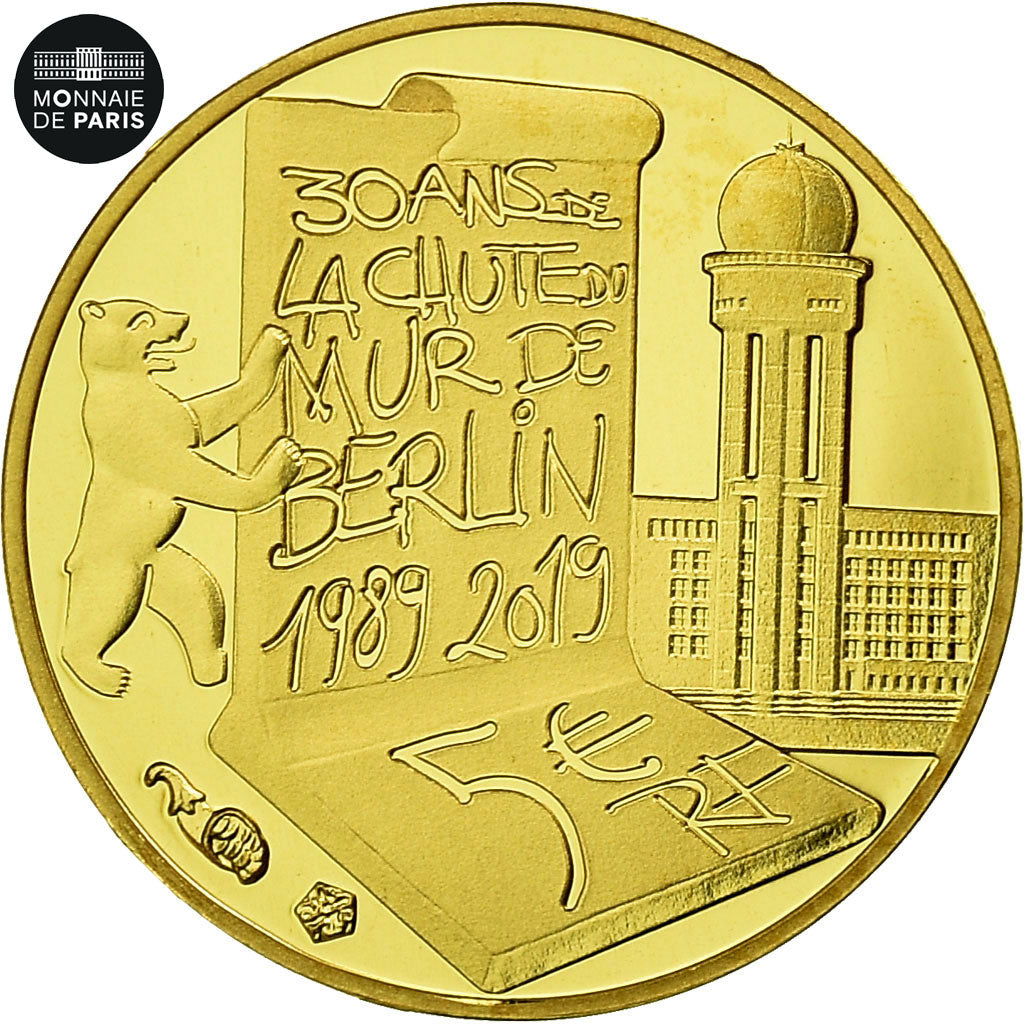 France, Monnaie de Paris, 5 Euro, Chute du Mur de Berlin, 2019, Or