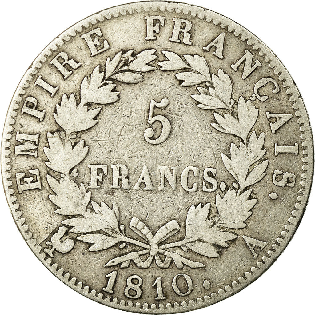 Moneda, Francia, Napoléon I, 5 Francs, 1810, Paris, BC+, Plata, KM:694.1