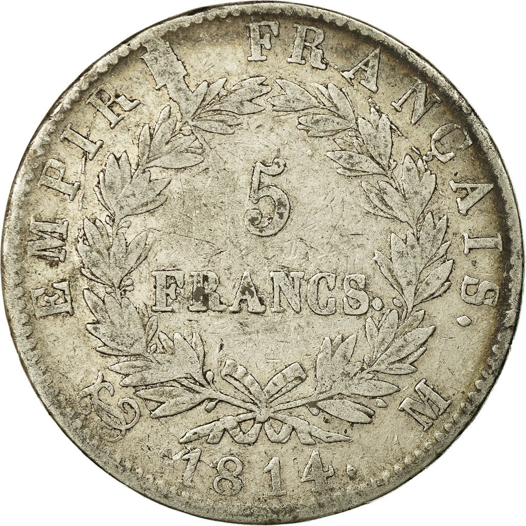 Moneta, Francia, Napoléon I, 5 Francs, 1814, Toulouse, MB, Argento, KM:694.10