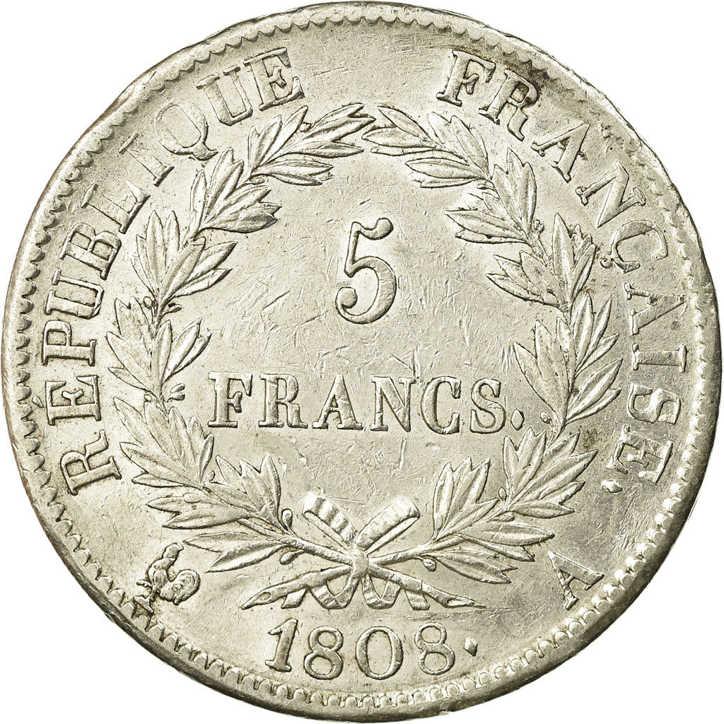 Coin, France, Napoléon I, 5 Francs, 1808, Paris, AU(50-53), Silver, KM:686.1