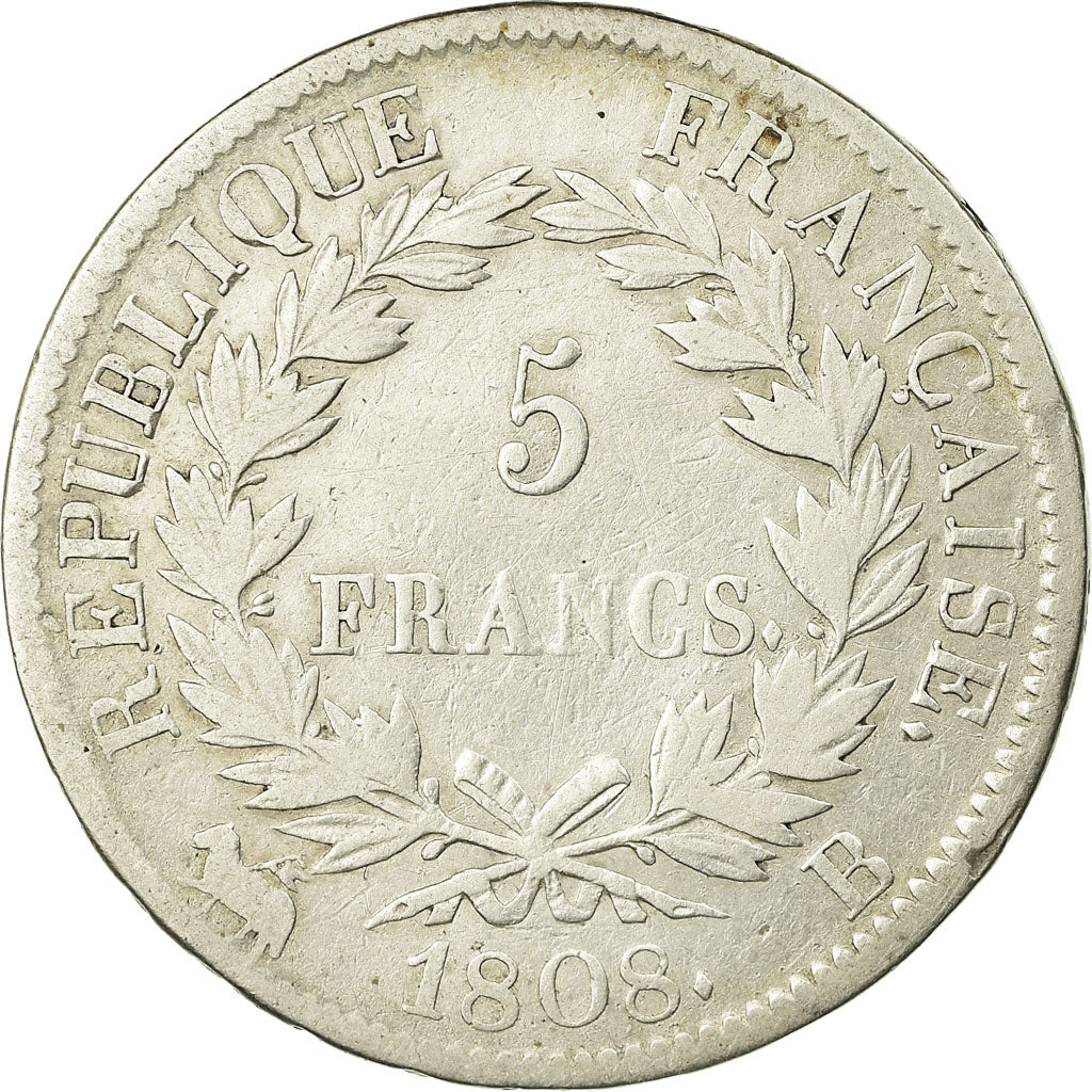 Coin, France, Napoléon I, 5 Francs, 1808, Rouen, VF(20-25), Silver, KM:686.2