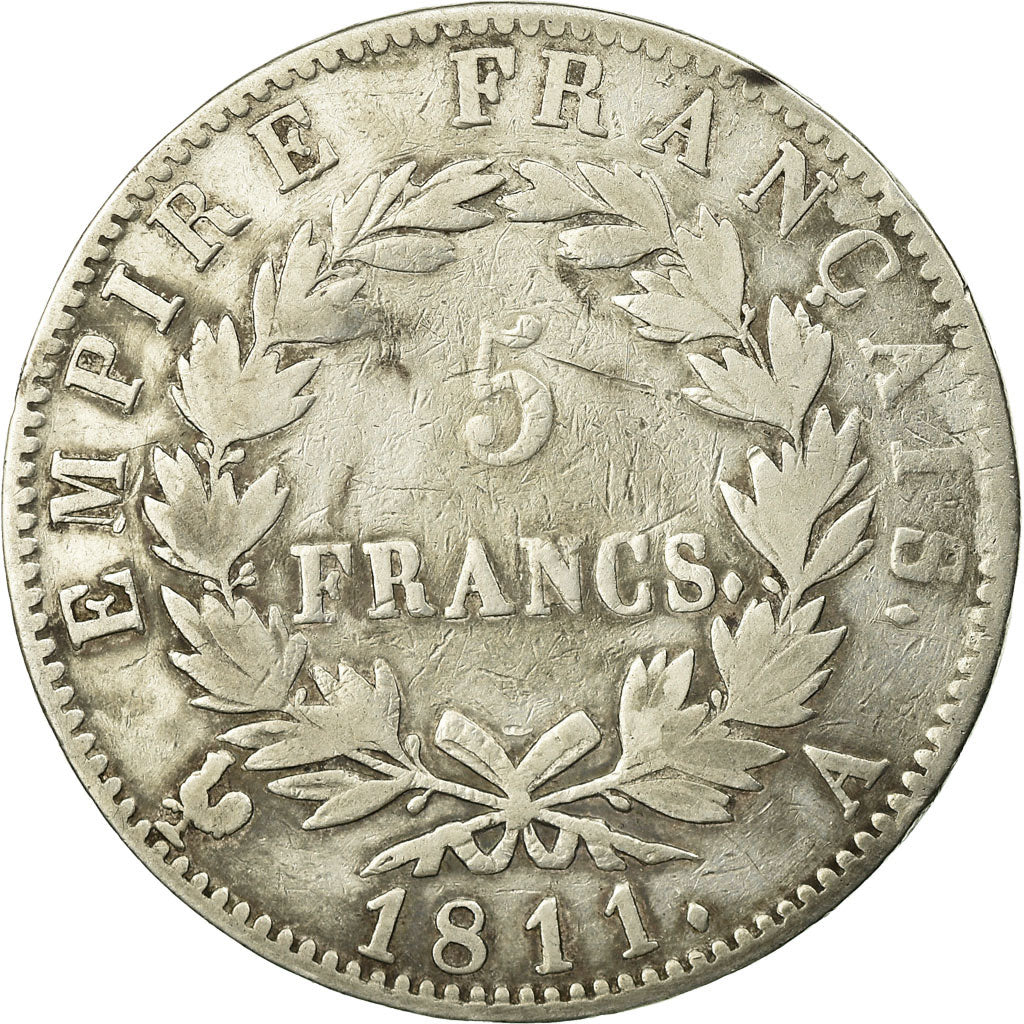 Moneda, Francia, Napoléon I, 5 Francs, 1811, Paris, BC+, Plata, KM:694.1