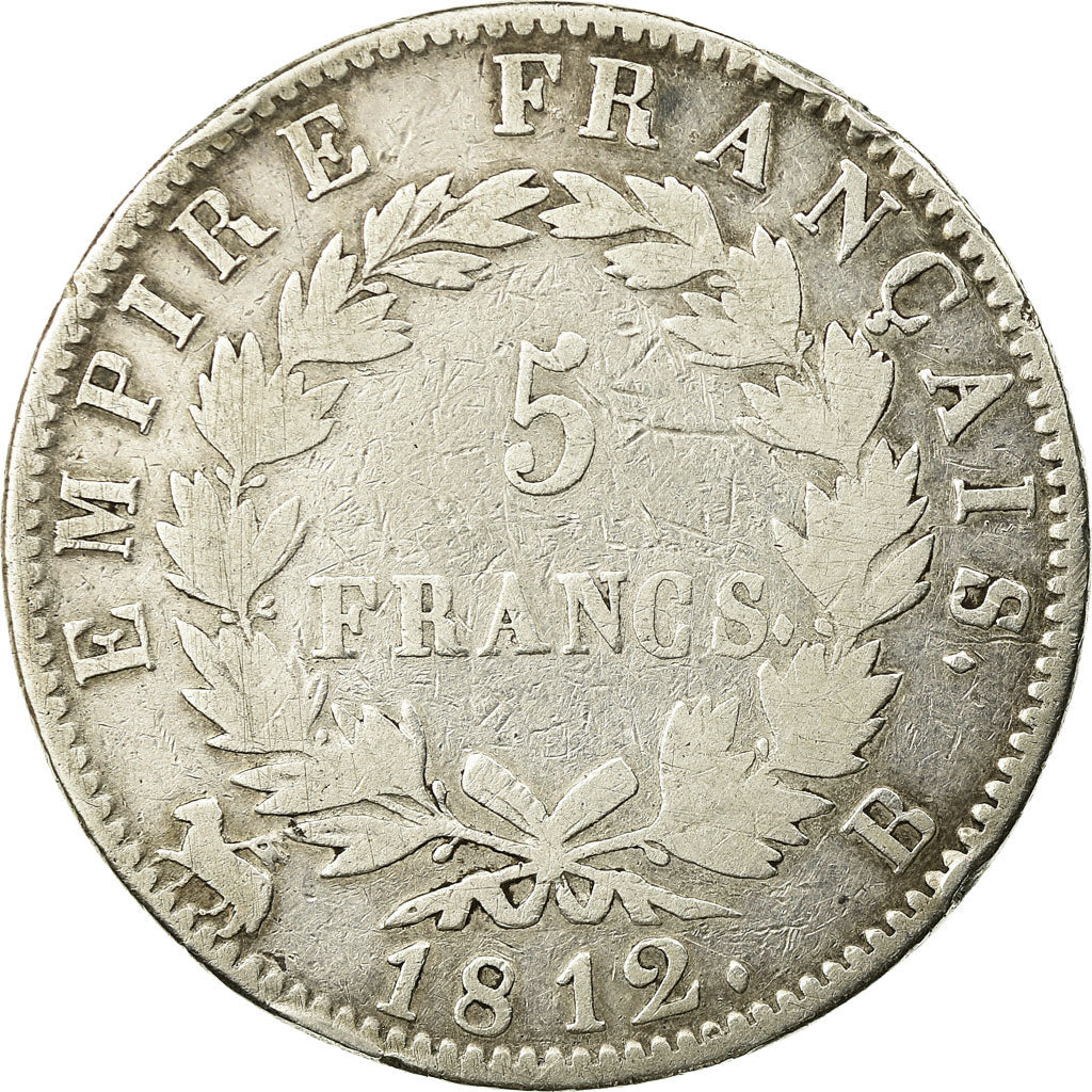 Moneda, Francia, Napoléon I, 5 Francs, 1812, Rouen, BC+, Plata, KM:694.2