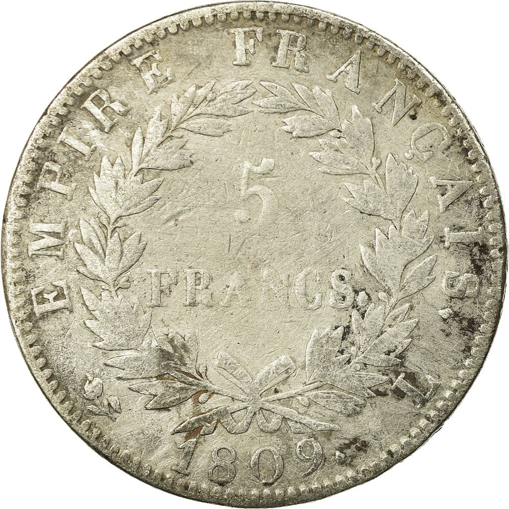 Moeda, França, Napoléon I, 5 Francs, 1809, Bayonne, VF(20-25), Prata