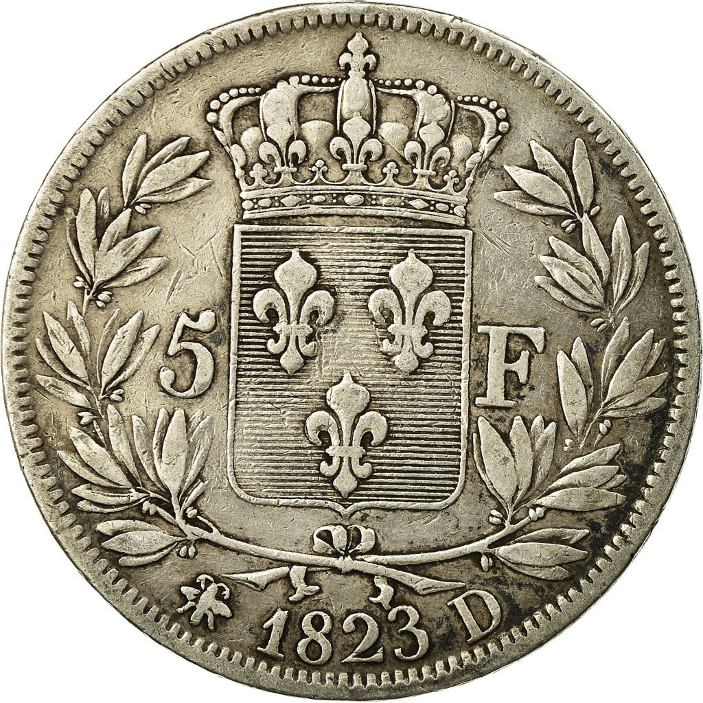 Münze, Frankreich, Louis XVIII, 5 Francs, 1823, Lyons, S+, Silber, KM:711.4