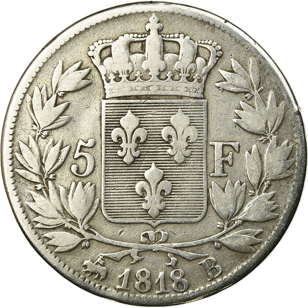 France, Louis XVIII, 5 Francs, 1818, Rouen, VF(30-35), Silver, KM:711.2