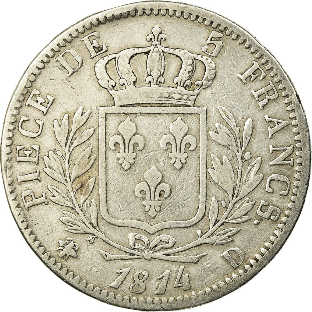 Coin, France, Louis XVIII, 5 Francs, 1814, Lyon, VF(20-25), Silver