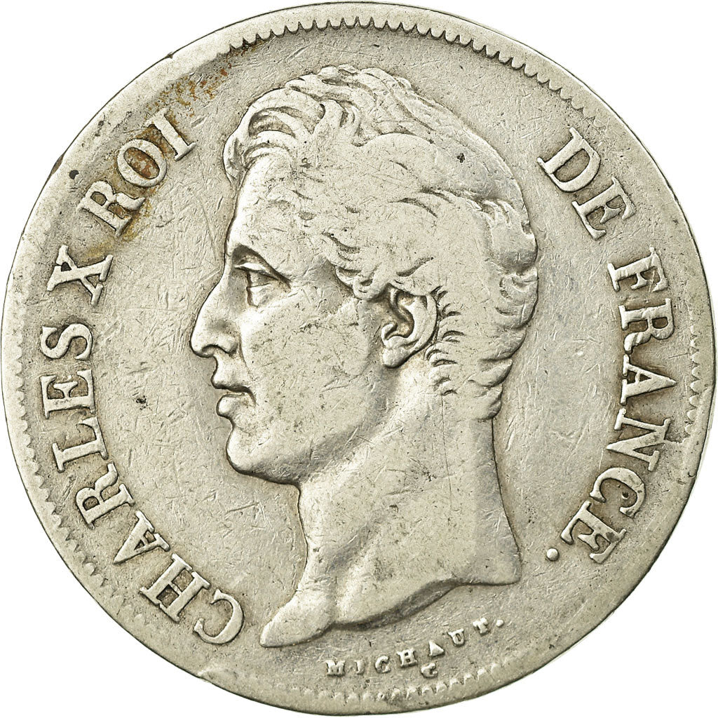 Moneda, Francia, Charles X, 5 Francs, 1827, Lille, BC+, Plata, KM:728.13