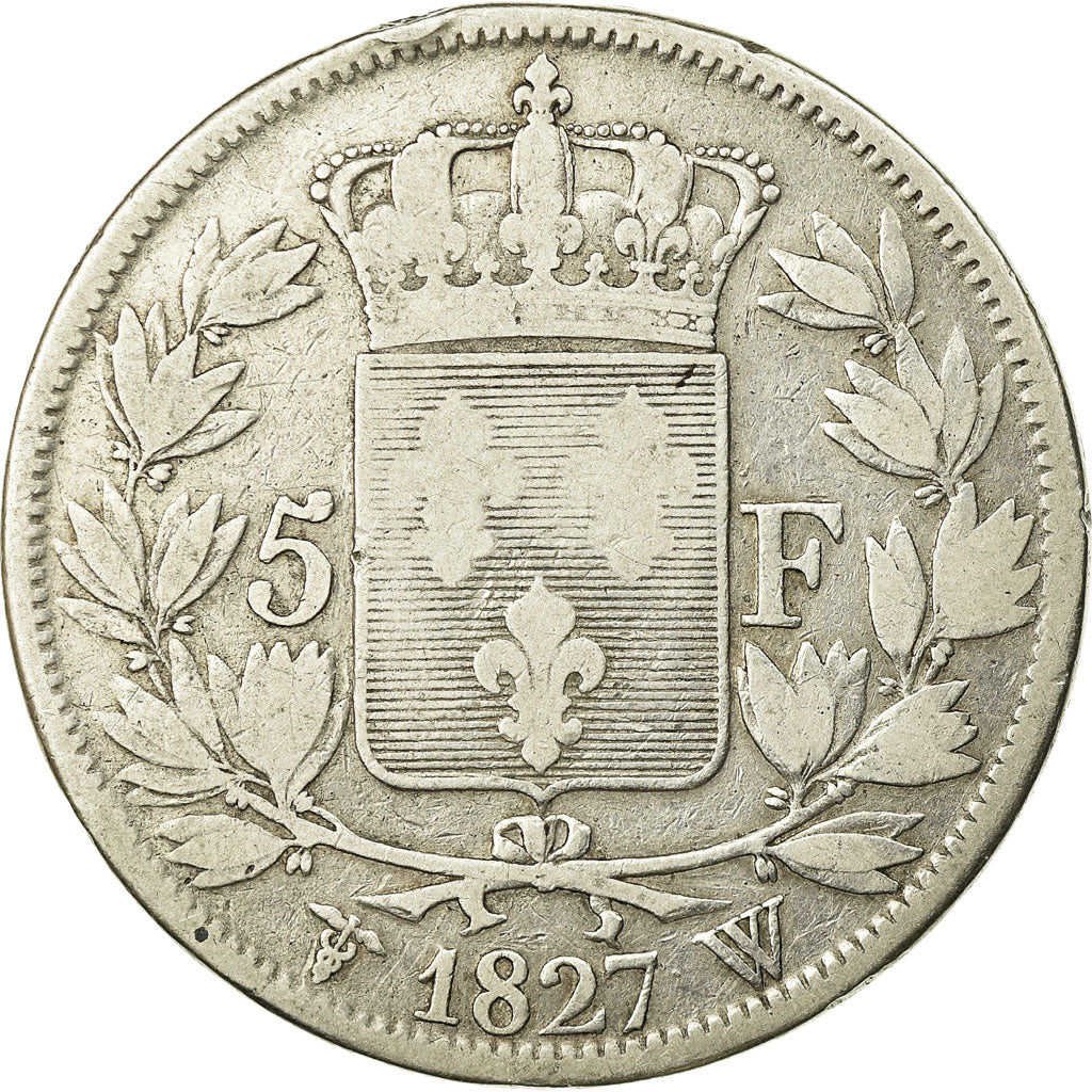 Moneda, Francia, Charles X, 5 Francs, 1827, Lille, BC+, Plata, KM:728.13